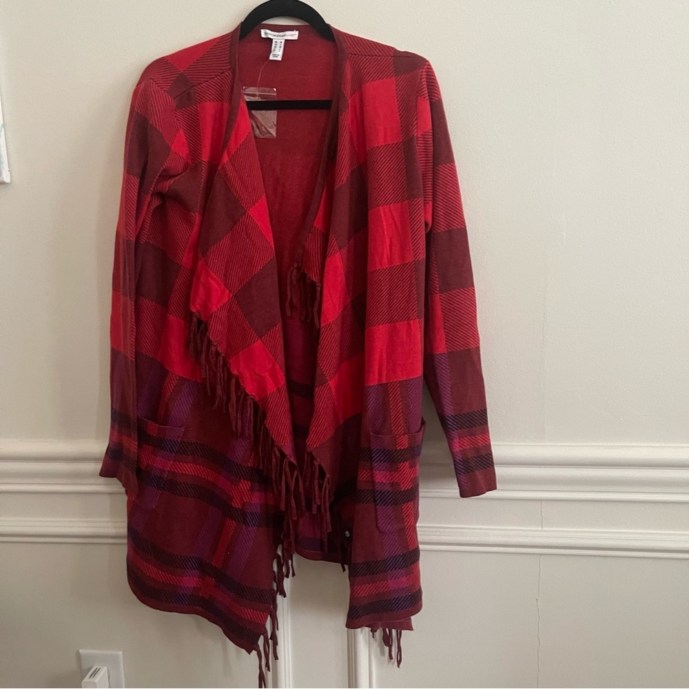 Isaac Mizrahi Live Red Buffalo Plaid Fringe Open Front Cardigan‎ Sweater Medium